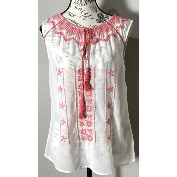 Sfera Peasant Top Womens Medium White & Pink Embroidered Cotton Boho Tank - Picture 1 of 5